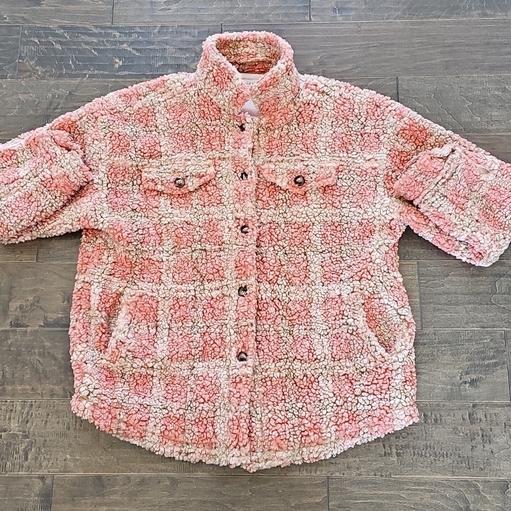 Illa Illa Oversized Women's Cozy Coral Pink & Cream Plaid Sherpa Jacket sz small